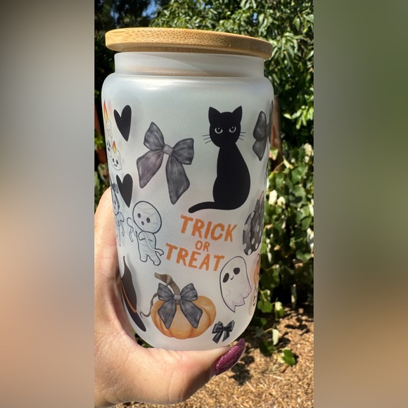 Halloween pumpkins cats ghost Libbey frosted can glass 16oz - Picture 1 of 4